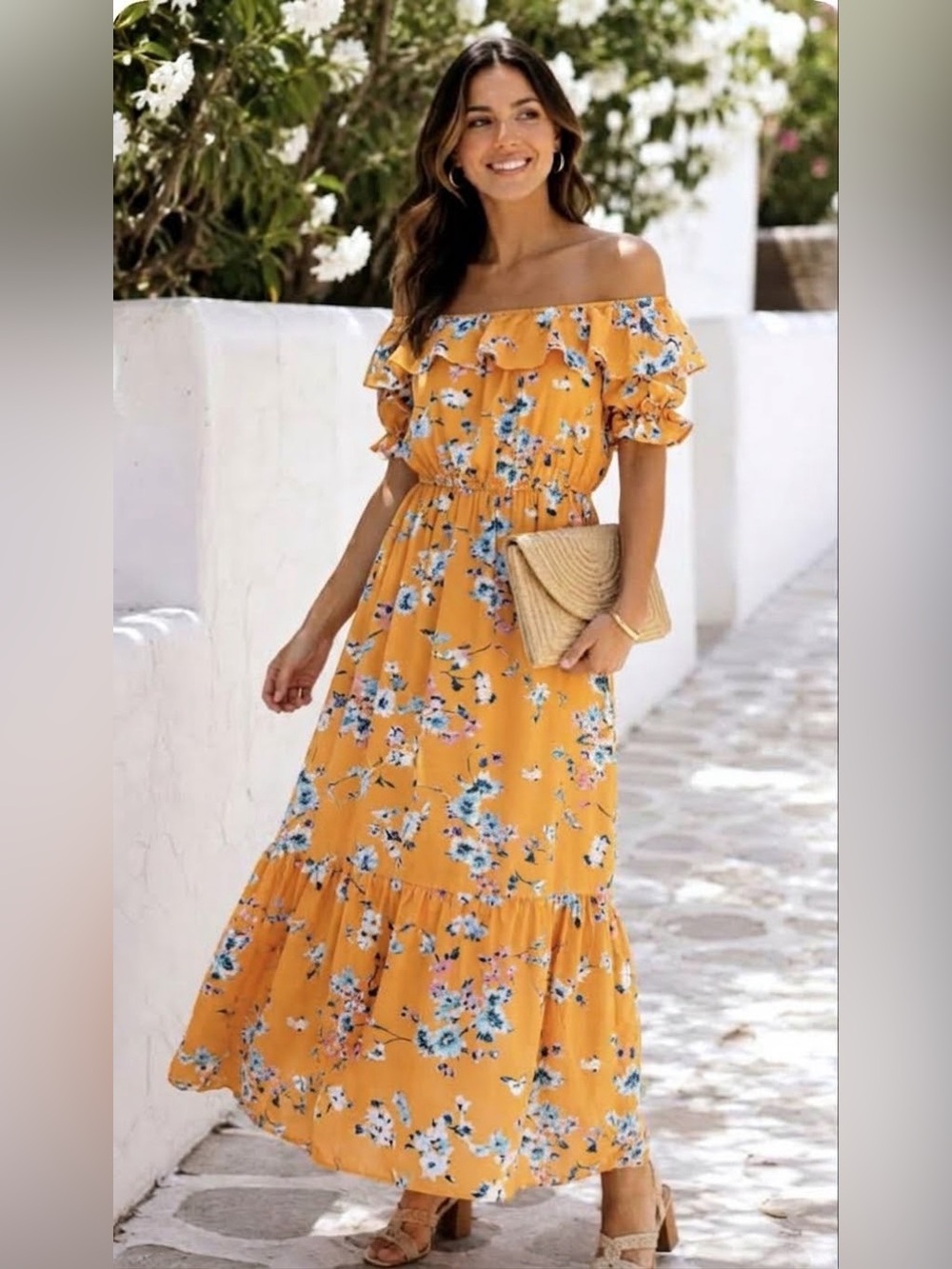 Vero Moda Marigold Yellow Floral Off Shoulder Ruffle Maxi Dress Large Boho